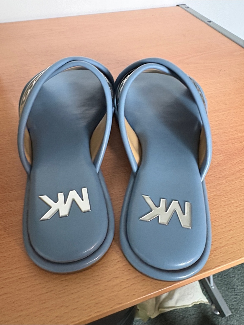 Michael Kors Dusty Blue Crisscross MK Logo Slides - Picture 3 of 5